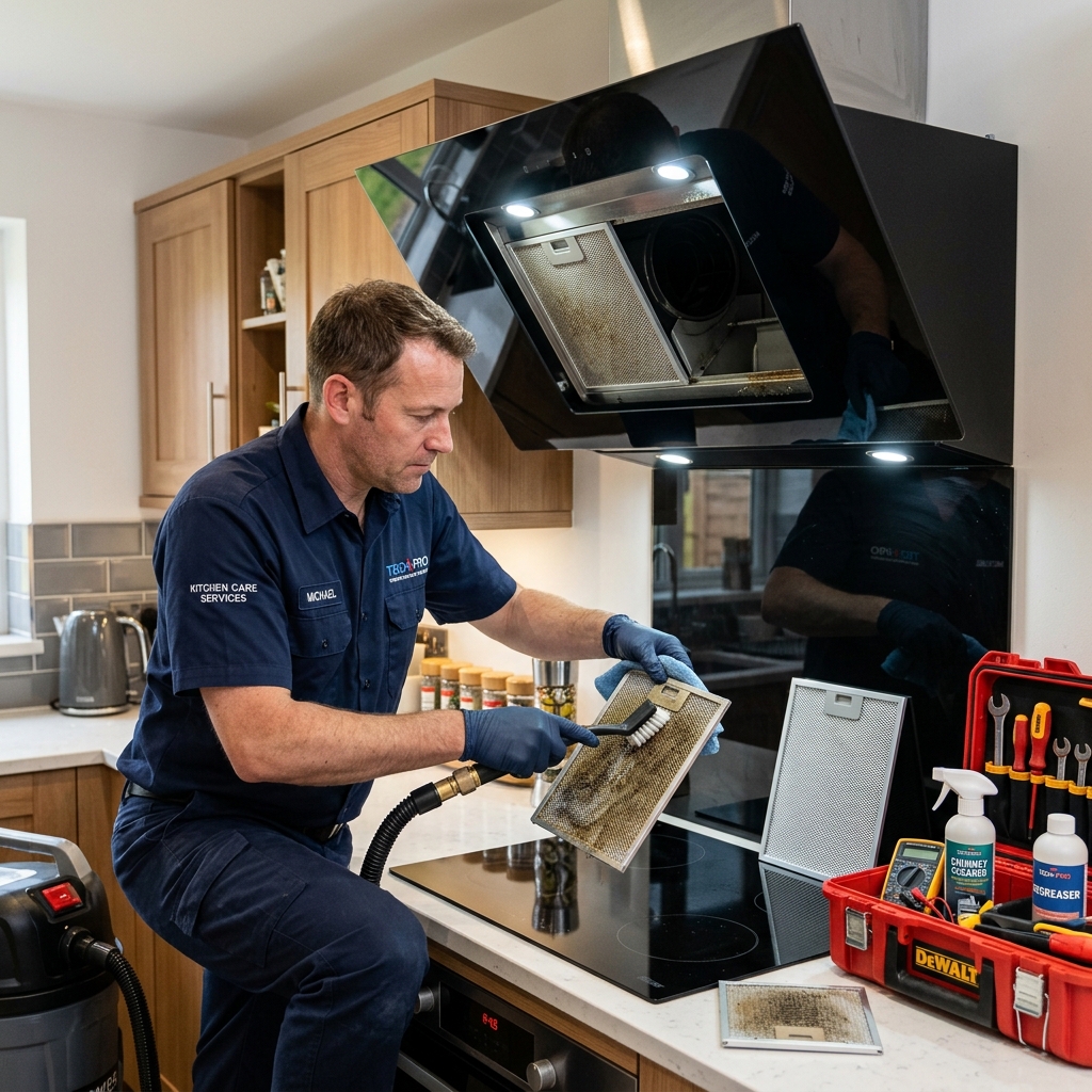 Technician servicing and deep cleaning kitchen chimney filters