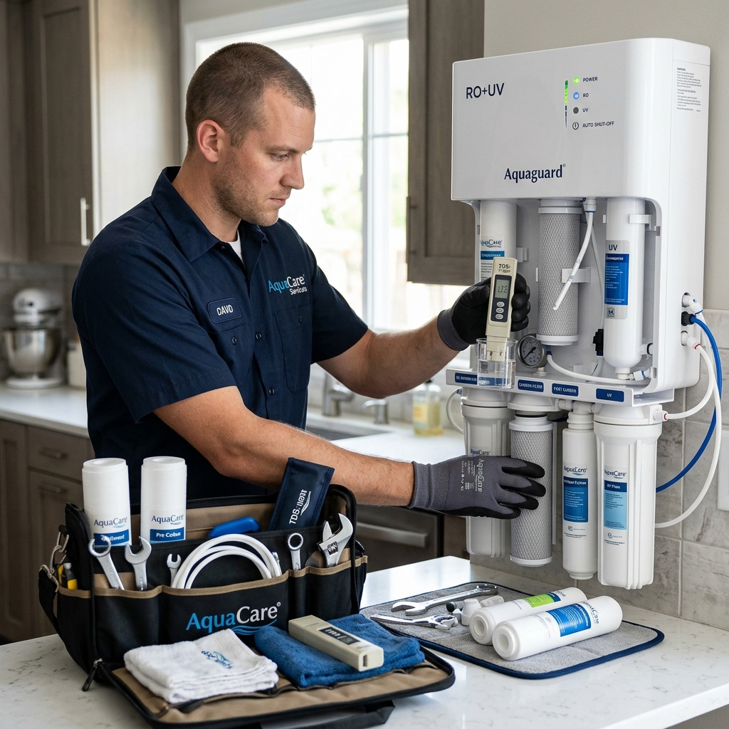 Technician replacing filters and testing TDS on RO water purifier